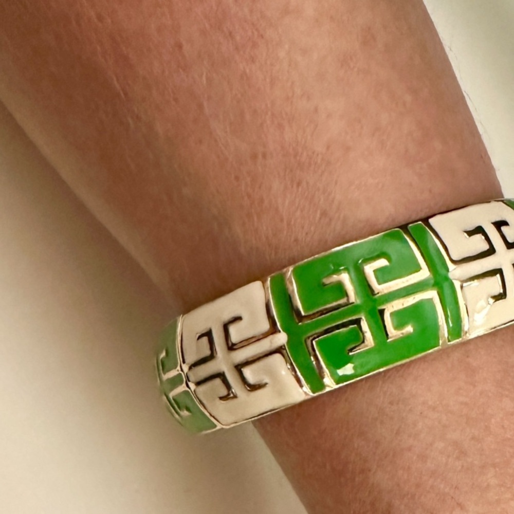 Greek Key Enamel Hinged Bangle Bracelet — Kelly Green/White/Gold — by Fornash